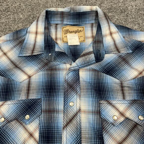 Wrangler Blue Plaid Western Fashion Snap Button Up Short Sleeve Shirt Size XL - Picture 5 of 6